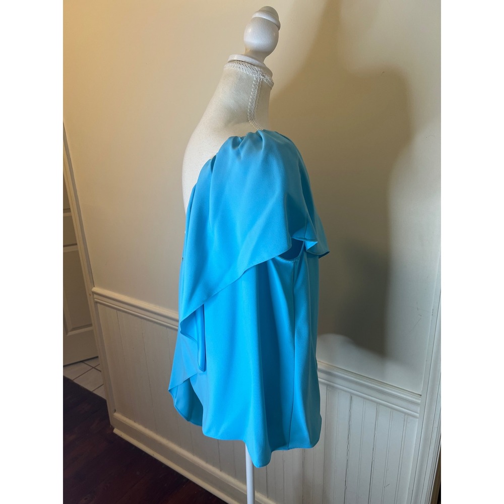 Trina Turk‎ Satisfied Top Turquoise Blue One Shoulder Ruffle Blouse Size M - Picture 8 of 9